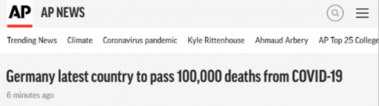 美联社：德国成最新一个新冠死亡人数超10万人的国家