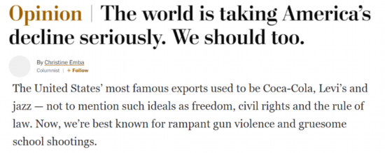 《华盛顿邮报》发表题为《世界正在认真对待美国的衰落  我们也应该》的评论文章