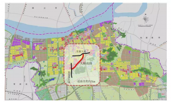 向西南方向,经规划江阴高铁站,终于徐霞客大道,全长约5km