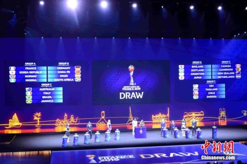 资料图:2019女足世界杯抽签仪式在法国进行。<a target='_blank' href='http://www.chinanews.com/' _fcksavedurl='http://www.chinanews.com/'><p align=