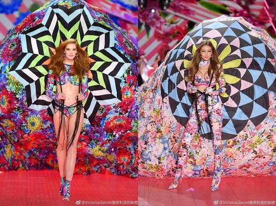 2018年维密大秀上的印花系列单品，曾被网友调侃为&ldquo;廉价床单风&rdquo;。图/维多利亚的秘密官方微博截图拼图