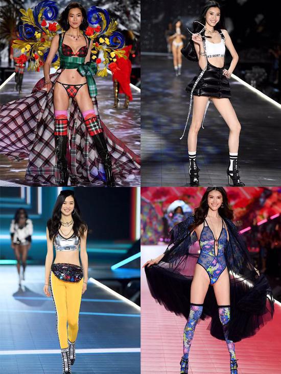 在2018维密大秀上亮相的&ldquo;中国四美&rdquo;刘雯、奚梦瑶、陈瑜、何穗。 图/维多利亚的秘密官方微博截图拼图