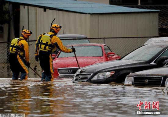当地时间10月14日，台风“海贝思”造成日本长野县洪水泛滥，当地紧急开展救援行动。图为救援人员对被洪水淹没车辆逐一检查。