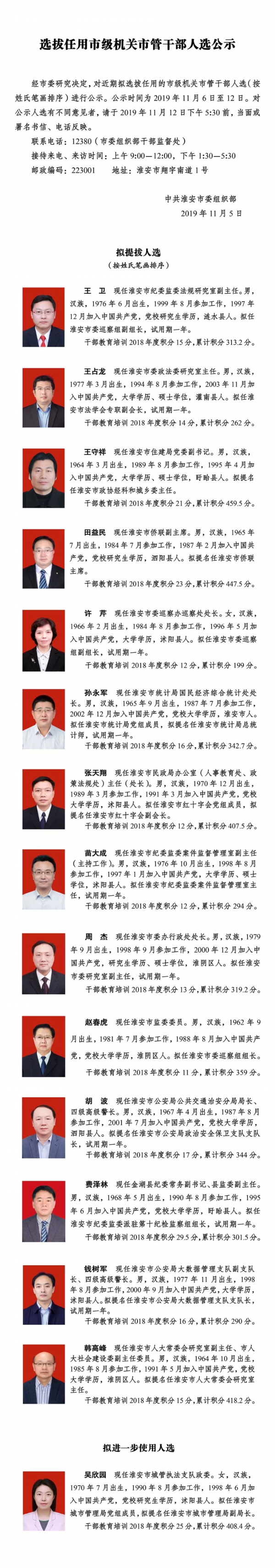 淮安市选拔任用干部人选公示