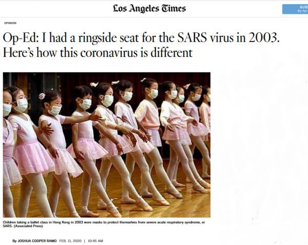 2月11日《洛杉矶时报》刊文《亲历03&ldquo;非典&rdquo;疫情，如今抗击新冠病毒大有不同》