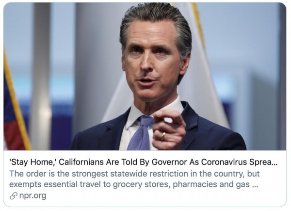  当地时间19日，加州州长宣布&ldquo;封城&rdquo;。推特截图
