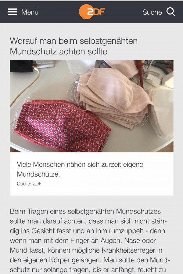 △德国电视二台对很多民众自己动手缝口罩进行报道