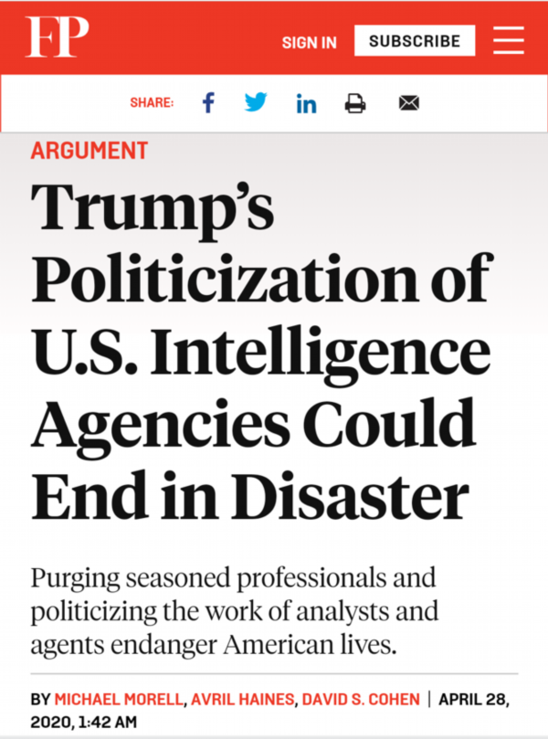  △《外交政策》报道，特朗普将美国情报机构政治化的举动将引来灾难。
