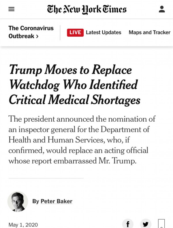 △《纽约时报》5月1日报道，特朗普替换卫生与公众服务部监察长，或因其曾批评医疗用品短缺。