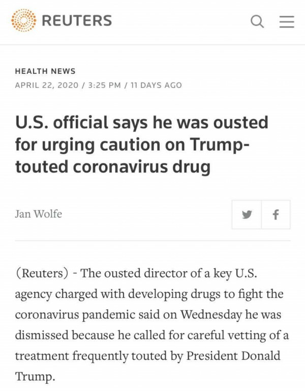 △路透新闻社4月22日报道，美国卫生部官员布莱特被调职。