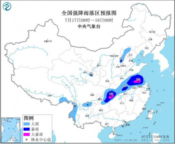 图1 全国强降雨落区预报图(7月17日08时-18日08时)