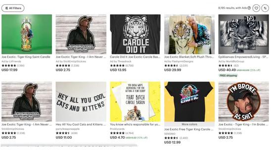 在Esty上搜索&ldquo;虎王&rdquo;，仍有8195条结果。图片来源：Esty