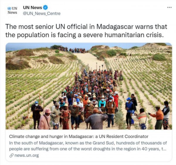 联合国官员警告，马达加斯加面临严重人道主义危机。（图片来源：联合国社交网站账号截图）