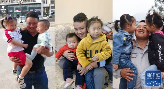  &uarr;这是一张拼版照片：左图、中图分别为2019年9月、2020年3月杨兴义休假回家时拥抱女儿（受访者供图），右图为2022年1月24日，在板房宿舍前女儿亲吻杨兴义（新华社记者田建川摄）。