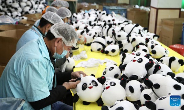 Workers produce Bing Dwen Dwen merchandise at a toy factory in Jinjiang City, southeast China's Fujian Province, Feb. 9, 2022. Bing Dwen Dwen, the mascot for the Beijing 2022 Olympic Winter Games, has recently become a smash hit. A licensed manufacturer in Jinjiang has resumed the production of Bing Dwen Dwen merchandise ahead of schedule to ensure adequate supply for the market.(Photo: Xinhua)