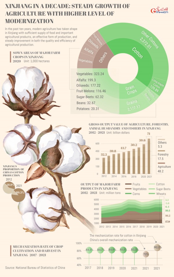 Xinjiang in a Decade: Steady growth of agriculture with higher level of modernization