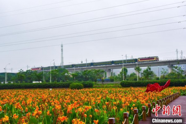 图为综合检测列车驶过南宁市那考河湿地公园。　陈泉任 摄