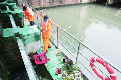 6月19日,工作人员在西水关泵站打捞垃圾,确保泵站正常运行。 南京日报/紫金山新闻记者 徐琦 摄