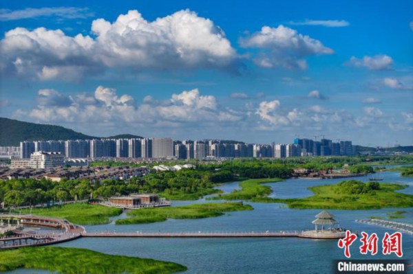 资料图：航拍苏州太湖湖滨国家湿地公园，蓝天碧水生态美。 泱波 摄