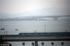 2018年10月20日，香港，从昂坪360缆车上鸟瞰港珠澳大桥（图中最远处桥梁）与正在经过的香港机场快线。