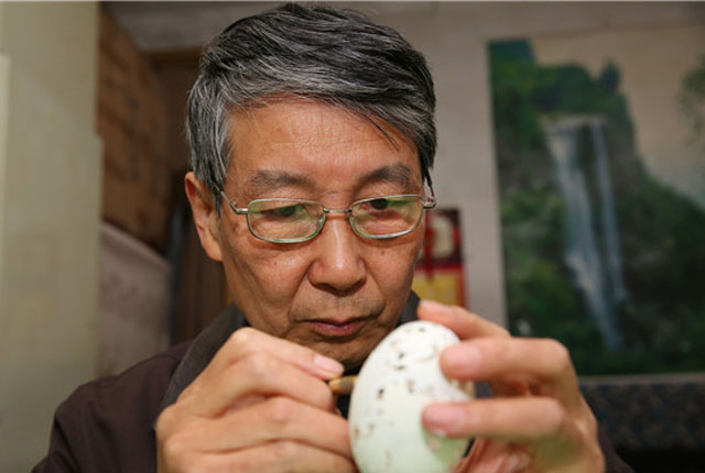 陕西咸阳：老人放弃银行经济师成为蛋雕师 一个蛋雕可卖10万元