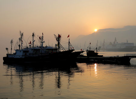 江苏连云港：港口码头雾蒙蒙 船舶在雾中若影若现