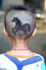 2014年07月15日，在安徽亳州市谯城区十九里镇马寨村拍摄的一名儿童头顶上的奔马造型。