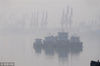 2018年3月24日，在江苏连云港海边，港口码头、海面上渔船在雾中若隐若现。