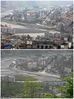 合成图。上：2008年6月11日，北川，地震后，唐家山堰塞湖的洪水流经被毁的城市。下：2018年4月6日，同一地点拍摄的场景。