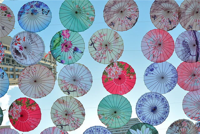 贵阳首届醉美油纸伞文化美食节举办 千把油纸伞展现中国风