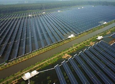 Photovoltaic power plant built above fish pond in Jiangsu