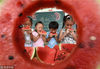 2018年8月6日，河北省邯郸市丛台区蓝天双语艺术幼儿园的小朋友在吃西瓜“啃秋”。郝群英/视觉中国