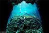 2018年9月13日讯，阳光从一个水下洞穴的顶部洞口照入，潜水员在一柱阳光中游泳，画面神秘而美丽。洞穴内的水非常清澈，光线可以到达50米深的地方，洞穴的其余部分完全处于黑暗之中，是没有视力的“盲鱼”的家园。这些令人震惊的照片是由28岁的日本潜水教练Hiromasa Araki拍摄的，他和朋友在墨西哥坎昆进行了一次潜水，并将此次体验描述为“就像在天堂一样”。