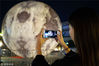 2018年9月23日，市民在南京街头布置的超级“月亮”景观球前拍照。