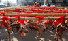 2019年1月18日，江苏省扬州市邗江区杨寿镇新龙村，村民在晾晒腊肉（无人机拍摄）。
