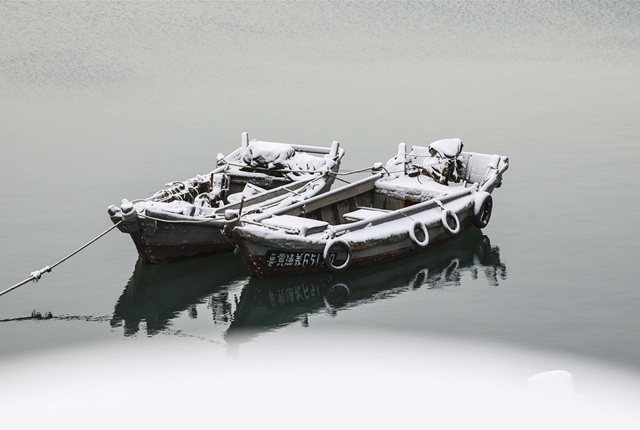 青岛：雪后渔港清新靓丽 渔船披雪美不胜收