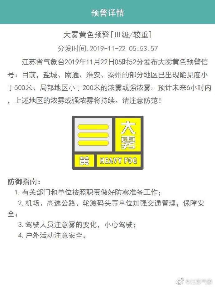 江苏发布大雾黄色预警   苏北、苏中部分高速路段实行特级交通管