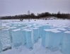 2019年12月1日，黑龙江省漠河市，冰雕建设用冰，码放在大林河边，不同于松花江江冰，这里的冰呈现明显的蓝色，蓝如海冰。冰块，高为80厘米，宽为40厘米。供图/视觉中国