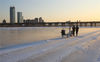 2019年12月4日，黑龙江省哈尔滨市，为冰雪大世界建造而进行的采冰，正在松花江上进行。工人推动特制电锯在江面割出冰线，为接下来的出冰做着准备。