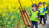 2019年3月25日，江苏南通如皋市西城幼儿园的小朋友在油菜花田间用画笔描绘春天。