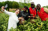 International students pose with their freshly hand-picked tea leaves and take a selfie with the tea master on April 14. [Photo by Shi Yucheng/IC]