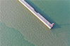 2019年5月23日下午，山东青岛西海岸新区唐岛湾，码头挡浪堤坝外的海面呈现出乳灰色颜色，堤坝内的海面则呈现蓝绿色颜色，两种色彩交相辉映。