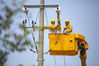 2019年7月23日，江苏泰州，国网泰州供电公司带电作业人员在泰州综合保税区对10千伏避雷器故障进行带电抢修。
