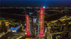 2019年9月20日，南京市在双子塔举办“向祖国表白”城市联合灯光秀。李晓飞/视觉中国