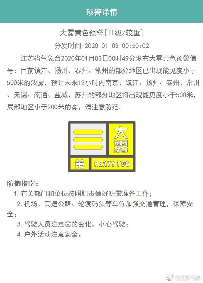 江苏省发布大雾黄色预警信号   大雾、风雨、降温来袭！