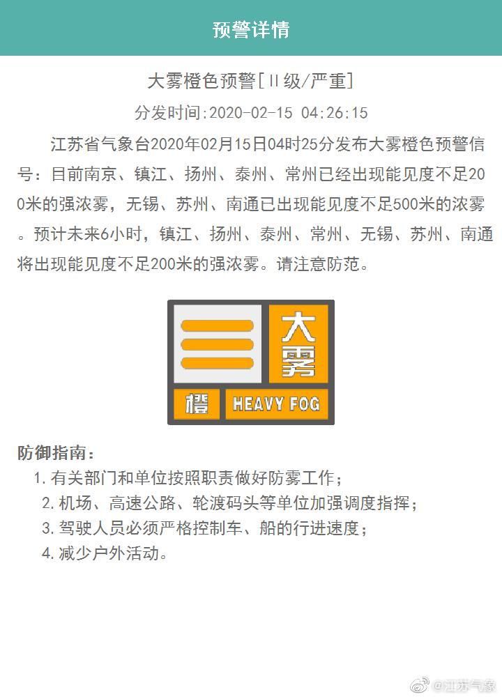 江苏气象台发布寒潮警报、大风警报和大雾橙色预警