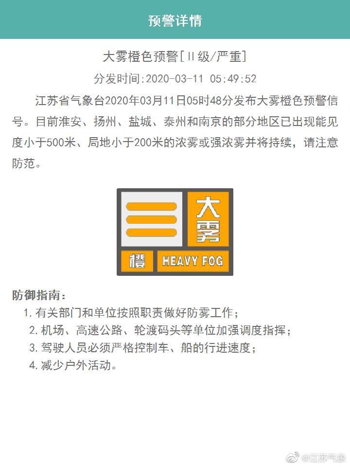 浓雾■大雾橙色预警！江苏多地出现浓雾或强浓雾