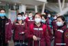 Medics from southwest China's Guizhou Province arrive at Wuhan Railway Station to take the train in Wuhan, central China's Hubei Province, March 17, 2020. Medical assistance teams started leaving Hubei Province early on Tuesday as the epidemic outbreak in the hard-hit province has been subdued. (Xinhua/Xiao Yijiu)