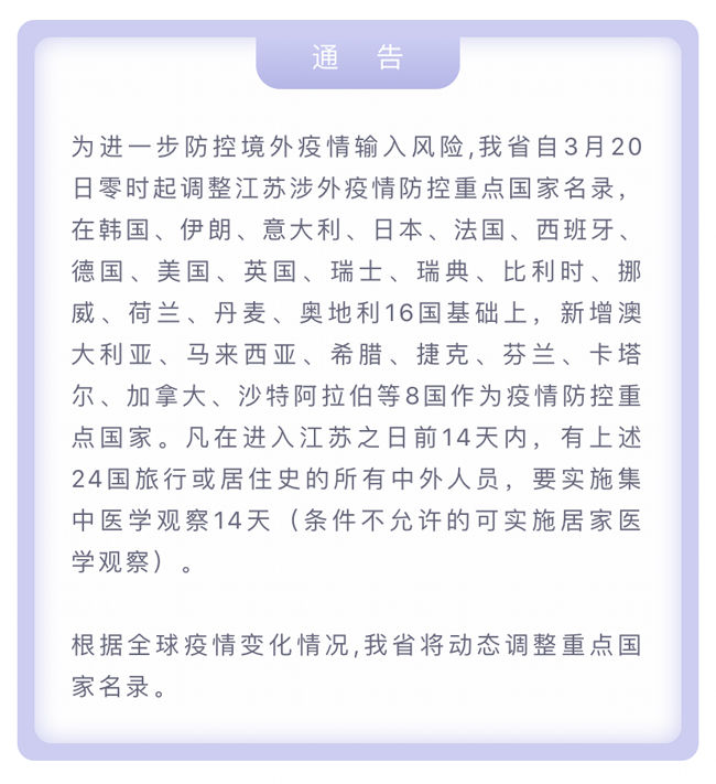 抗疫■新增8国！江苏最新通告：有24国旅行或居住史的中外人员要实施集中医学观察14天