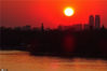 2020年3月31日黄昏时分，红彤彤的夕阳就像一位腼腆少女，伫立在渐渐解冻的哈尔滨松花江畔，迎接着成群结队远道而来的回迁归雁，为早春北国冰城增添一道美不胜收的靓丽生态风景。